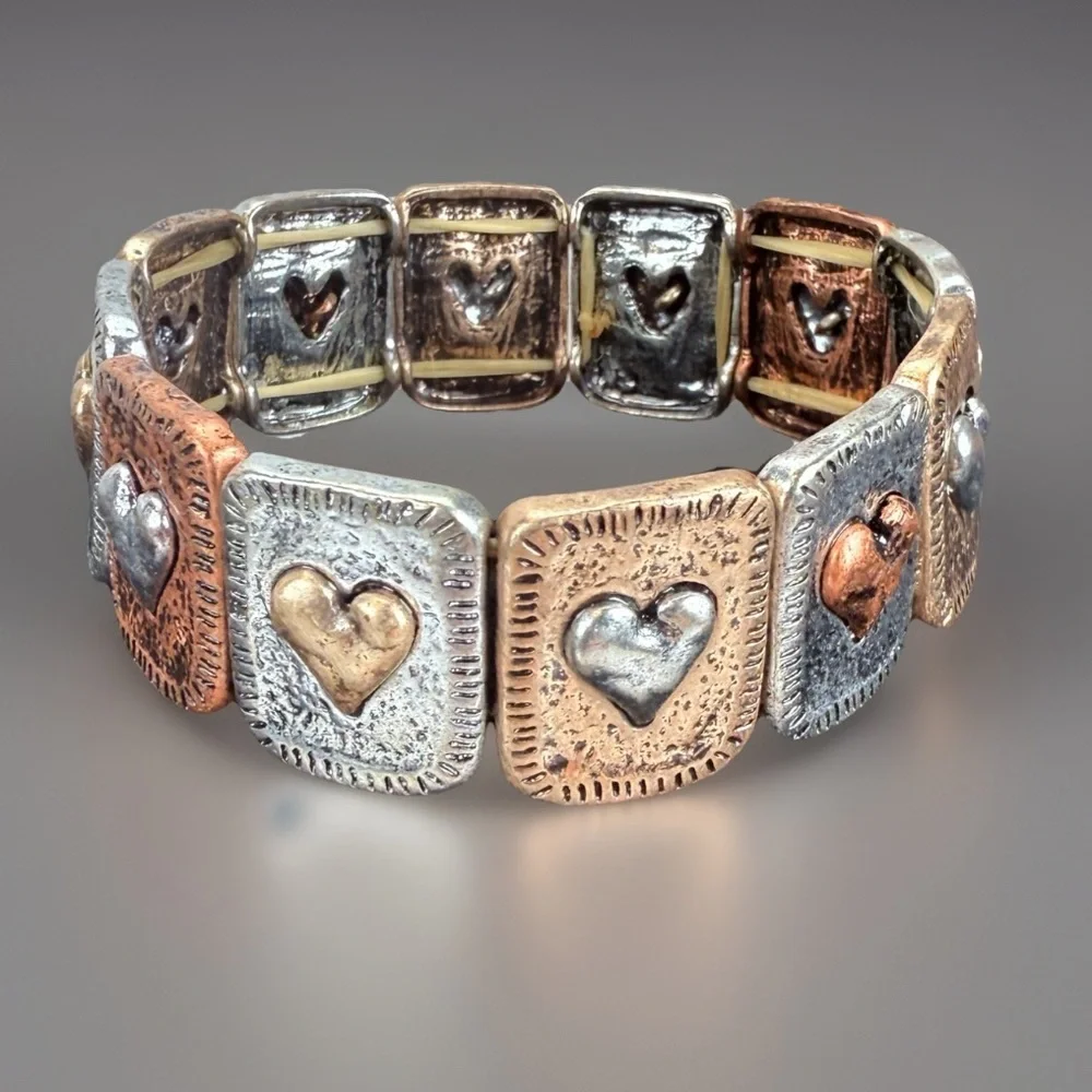 Multi tone metal heart bohemian chic stretch bracelet